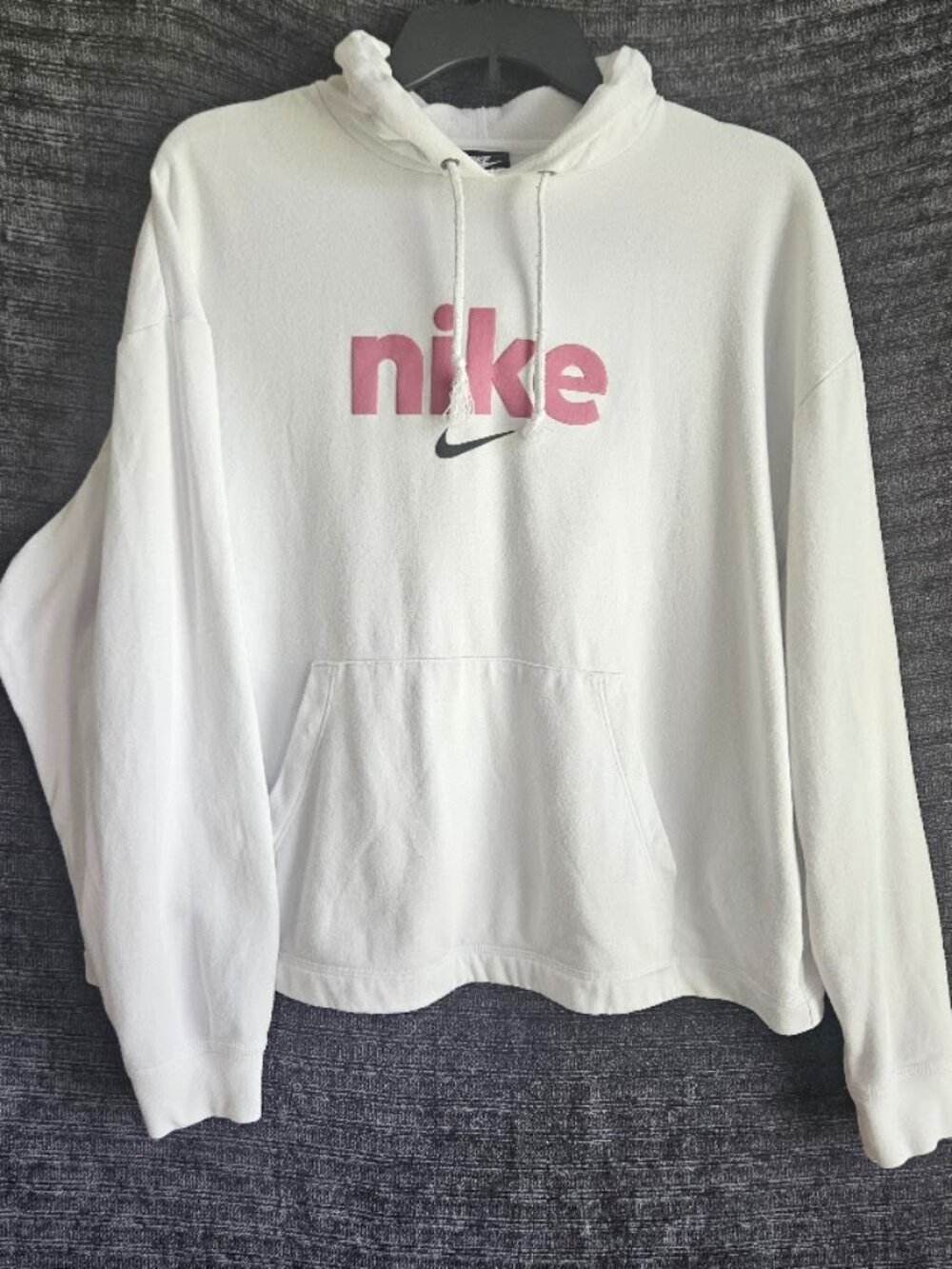 Nike Womens Crop Fleece Pullover Hoodie White Pink Sz Large Graphic Logo